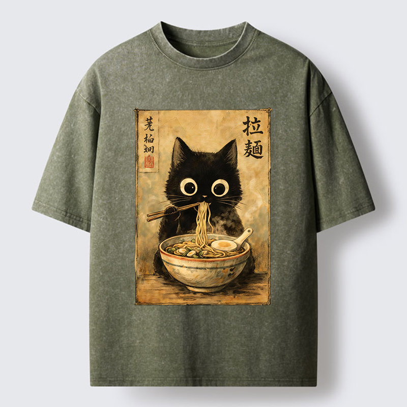 Tokyo-Tiger Cute Black Cat Eating Japanese Ramen Washed T-Shirt