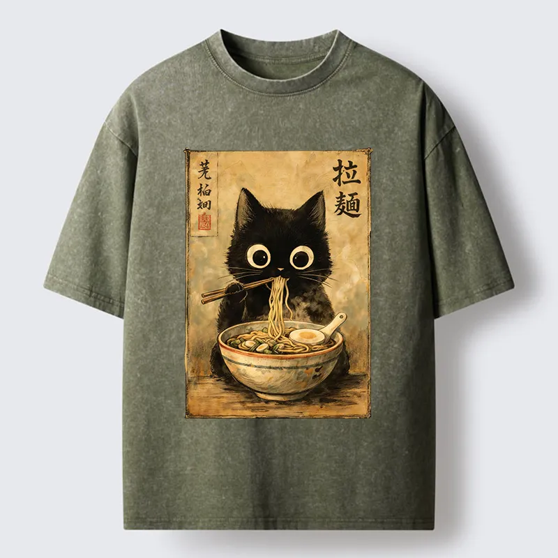 Tokyo-Tiger Cute Black Cat Eating Japanese Ramen Washed T-Shirt