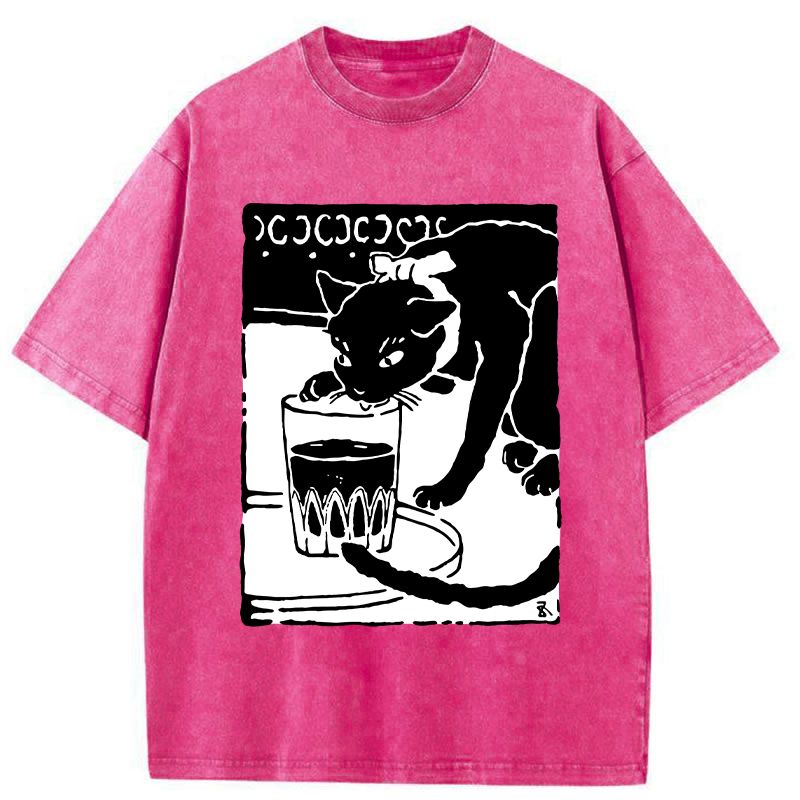 Tokyo-Tiger Black Cat Drinking Water Washed T-Shirt