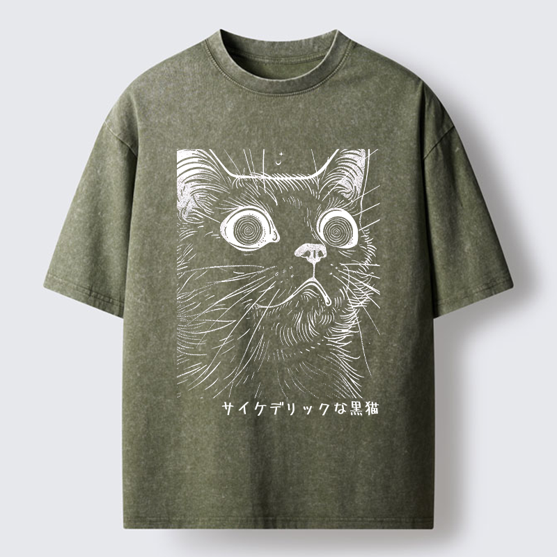 Tokyo-Tiger Trippy Black Cat Washed T-Shirt