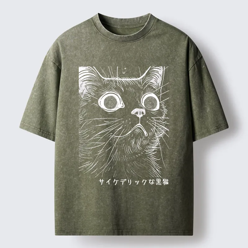 Tokyo-Tiger Trippy Black Cat Washed T-Shirt