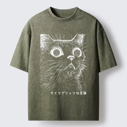 Tokyo-Tiger Trippy Black Cat Washed T-Shirt