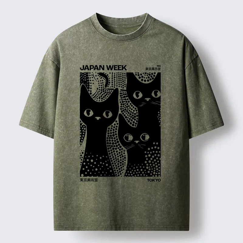 Tokyo-Tiger Black Cat Polka Dot Art Washed T-Shirt