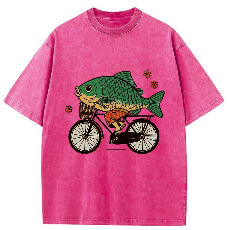 Tokyo-Tiger Funny Fish Riding A Bicycle Washed T-Shirt