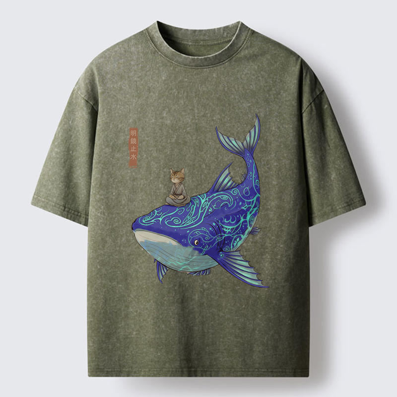 Tokyo-Tiger Cat Riding A Whale Washed T-Shirt