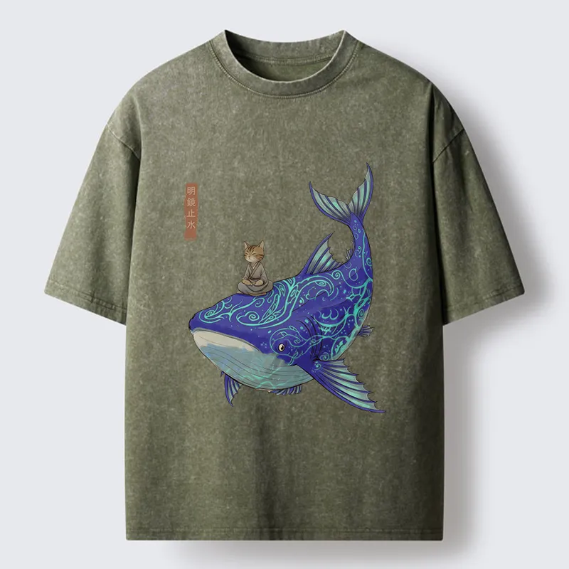 Tokyo-Tiger Cat Riding A Whale Washed T-Shirt