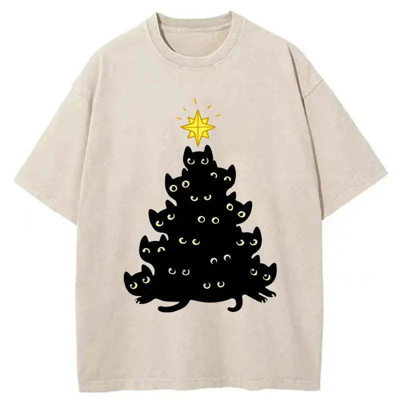 Tokyo-Tiger Black Cat Christmas Tree Washed T-Shirt