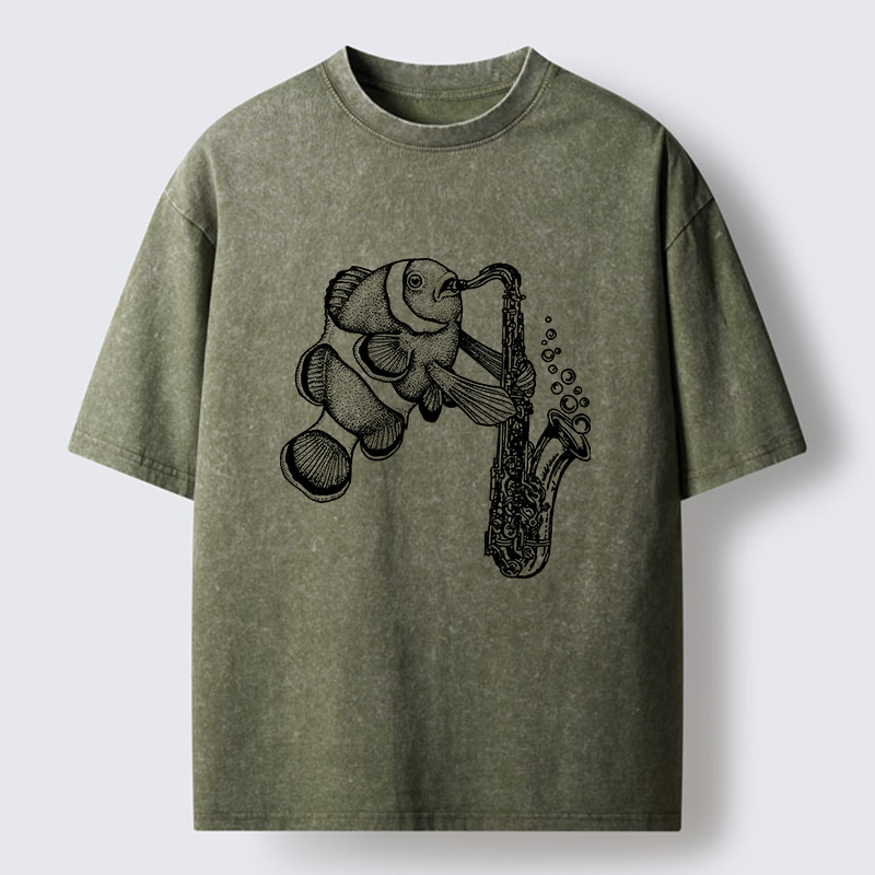 Tokyo-Tiger Clownfish Playing The Saxophone Washed T-Shirt