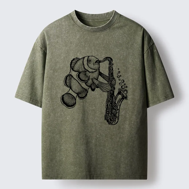 Tokyo-Tiger Clownfish Playing The Saxophone Washed T-Shirt