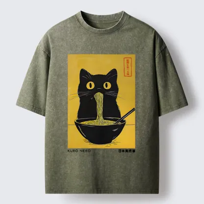 Tokyo-Tiger Black Cat Eats Ramen In Big Bites Washed T-Shirt