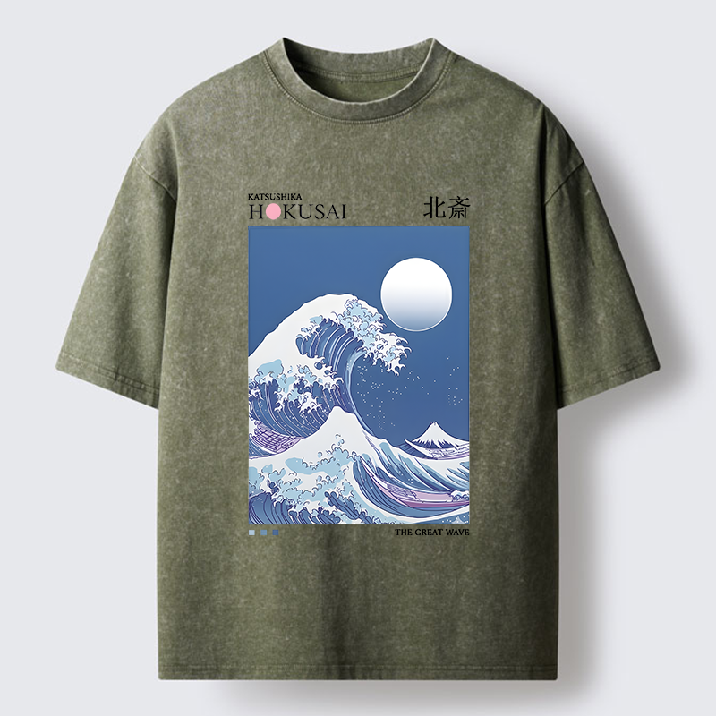 Tokyo-Tiger Blue Ukiyo-e Waves Washed T-Shirt