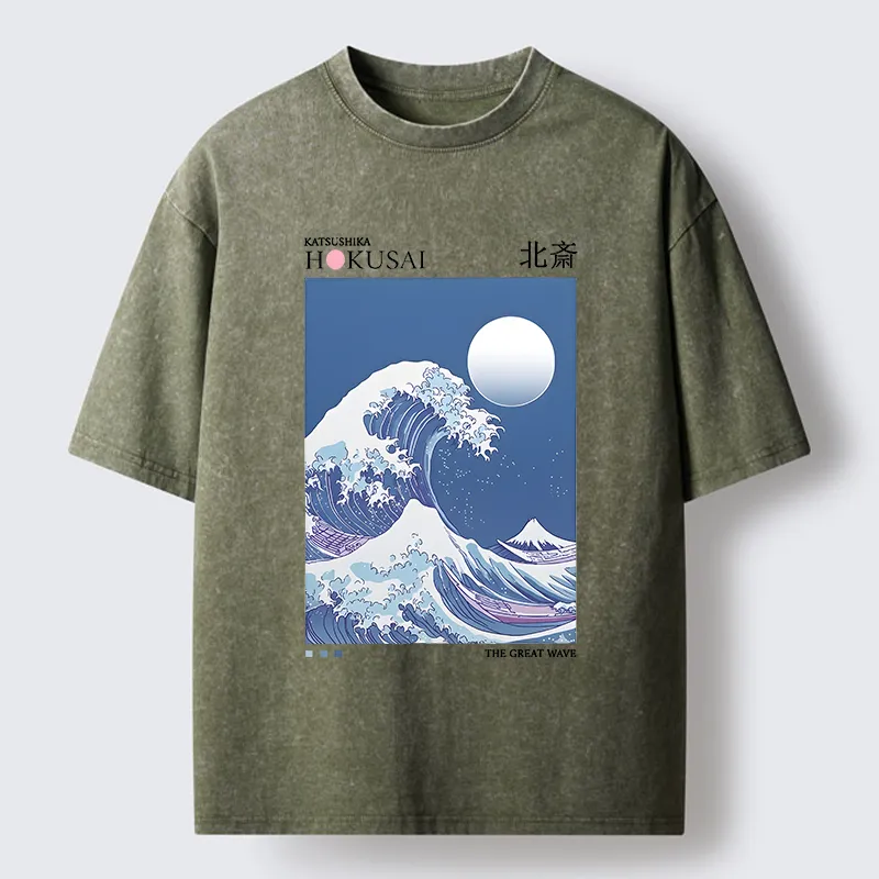 Tokyo-Tiger Blue Ukiyo-e Waves Washed T-Shirt