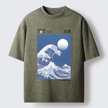 Tokyo-Tiger Blue Ukiyo-e Waves Washed T-Shirt