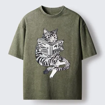 Tokyo-Tiger Cat Reading Books Washed T-Shirt