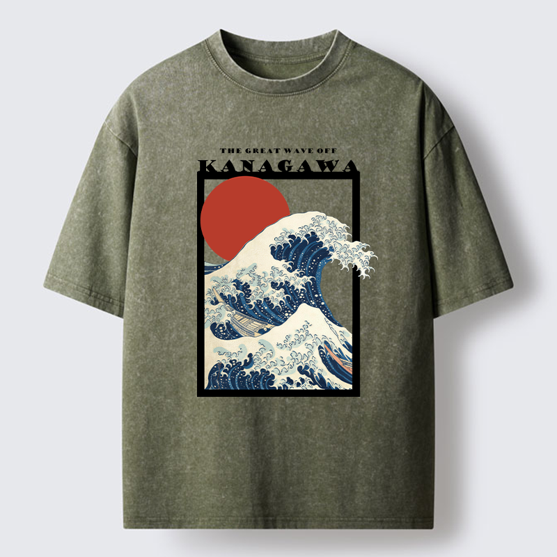 Tokyo-Tiger Minimalist Ukiyo-e Waves Washed T-Shirt