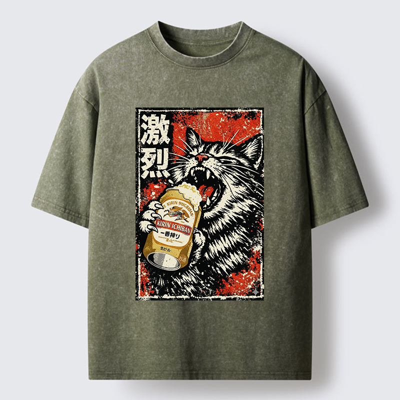 Tokyo-Tiger Cat Drinking Beer Washed T-Shirt