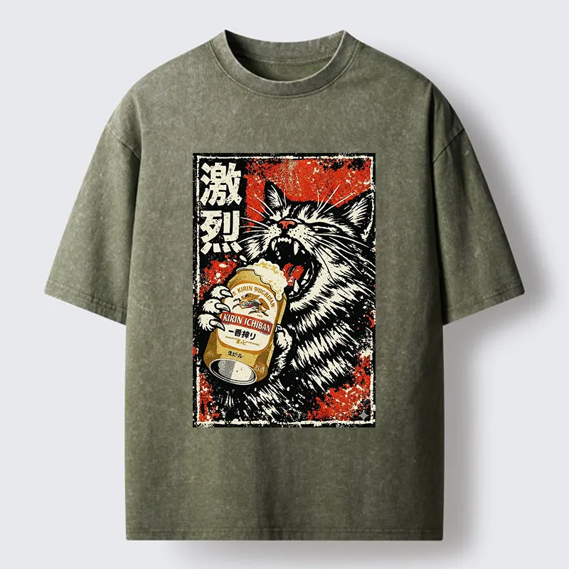 Tokyo-Tiger Cat Drinking Beer Washed T-Shirt