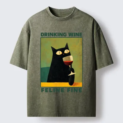 Tokyo-Tiger Drinking Wine Feline Wine Washed T-Shirt