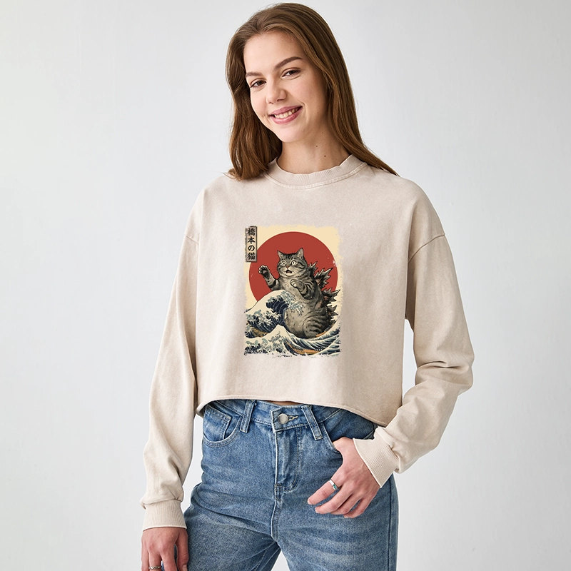 Tokyo-Tiger Catzilla Is Causing Destruction Washed Crop Sweatshirt