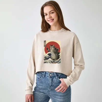 Tokyo-Tiger Catzilla Is Causing Destruction Washed Crop Sweatshirt