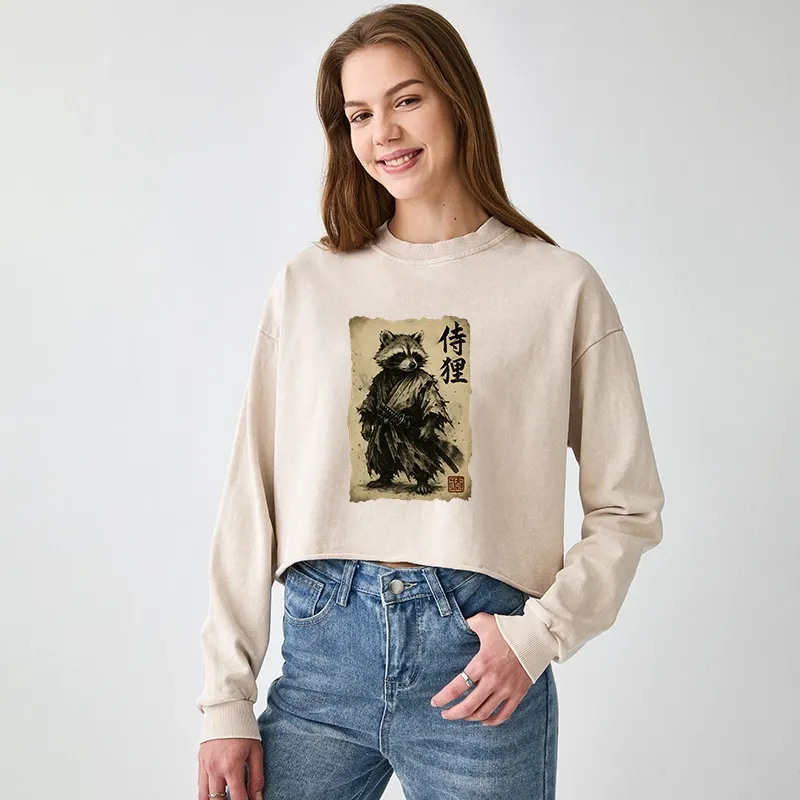 Tokyo-Tiger Retro Raccoon Samurai  Washed Crop Sweatshirt