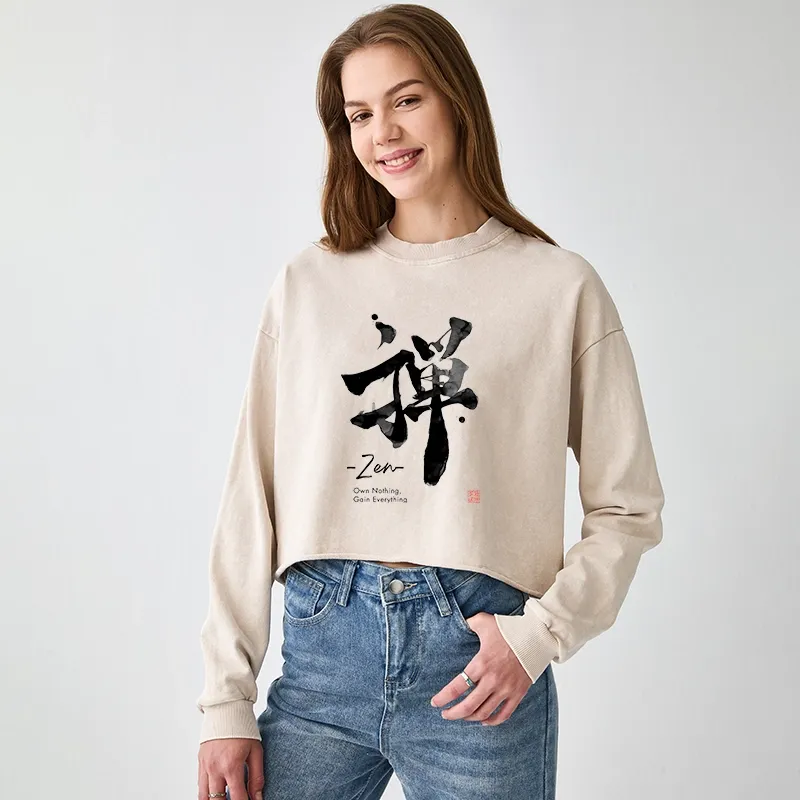 Tokyo-Tiger Zen Texts Washed Crop Sweatshirt