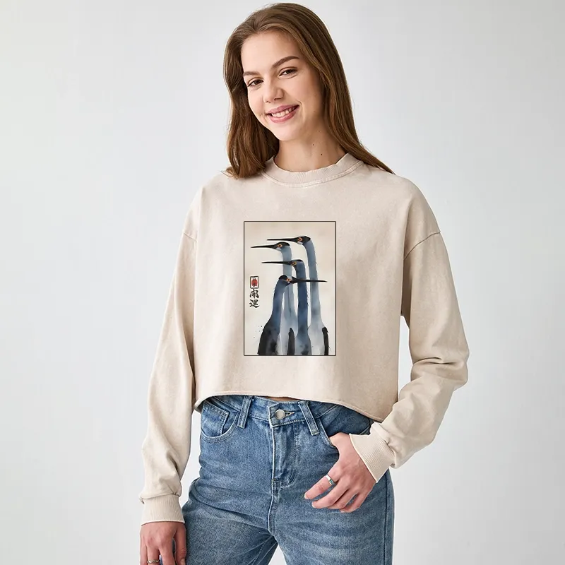 Tokyo-Tiger Retro Sandhill Crane Washed Crop Sweatshirt