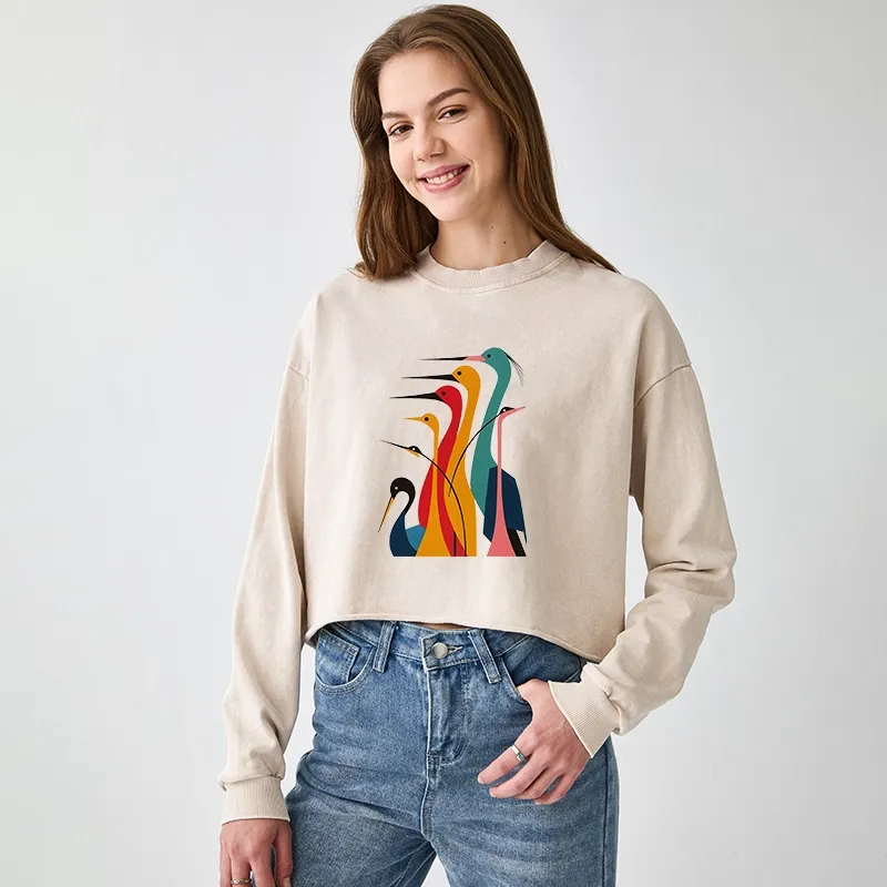 Tokyo-Tiger Various Types Of Cranes Washed Crop Sweatshirt