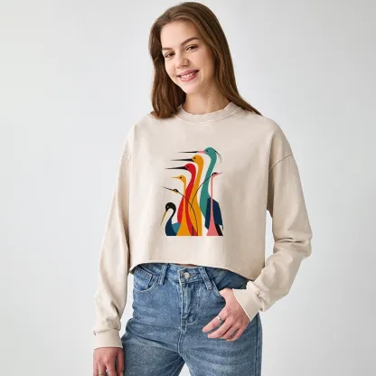 Tokyo-Tiger Various Types Of Cranes Washed Crop Sweatshirt