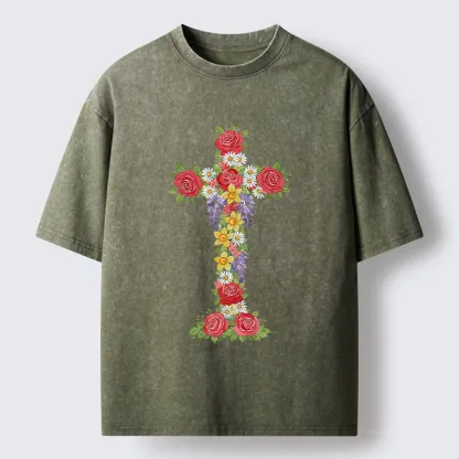 Tokyo-Tiger Flower Cross Washed T-Shirt