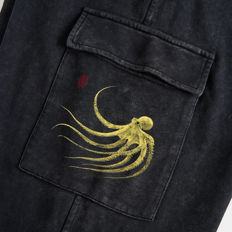 Tokyo-Tiger Retro Octopus Japanese Washed Utility Sweatpants