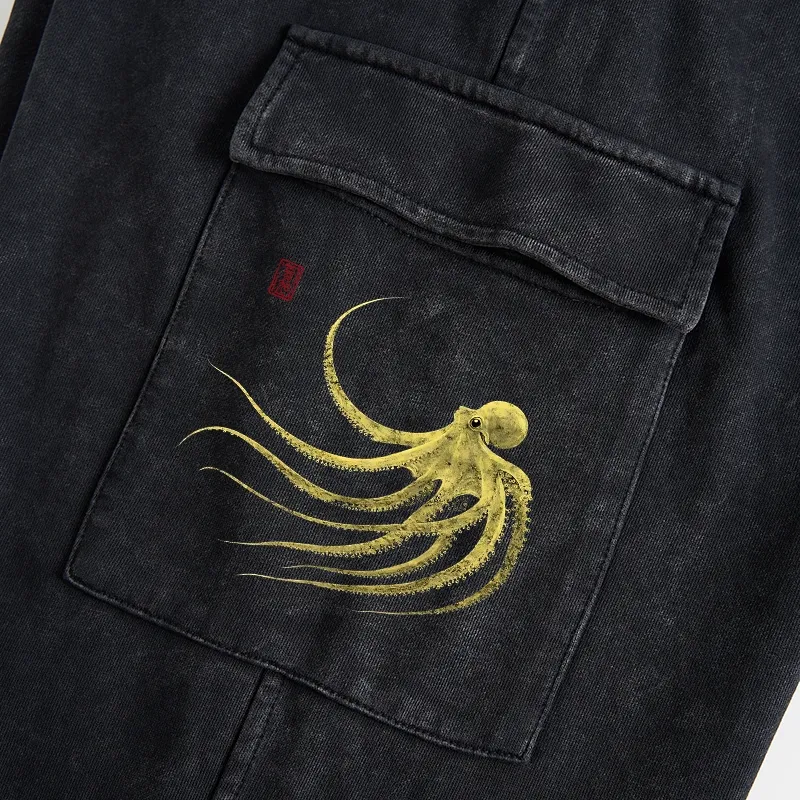 Tokyo-Tiger Retro Octopus Japanese Washed Utility Sweatpants