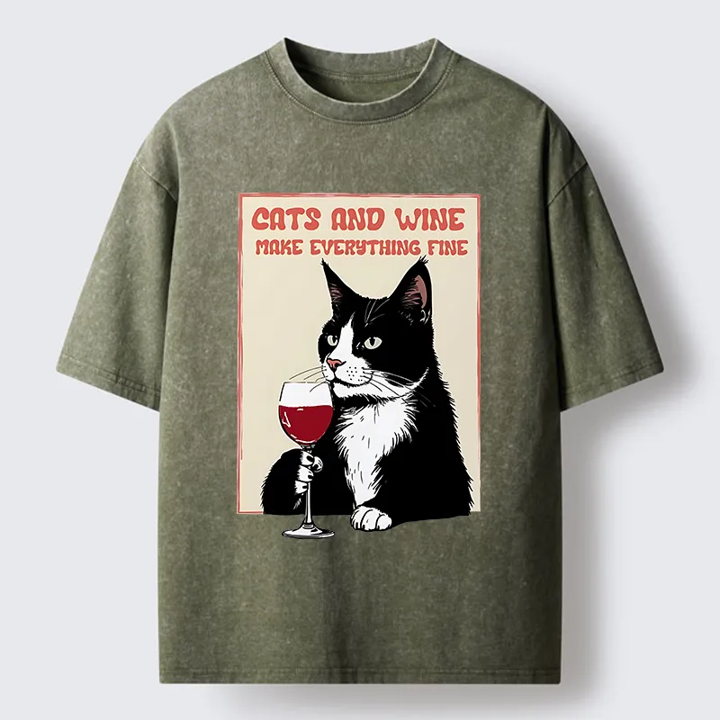 Tokyo-Tiger Tuxedo Cat Drinking Funny Washed T-Shirt