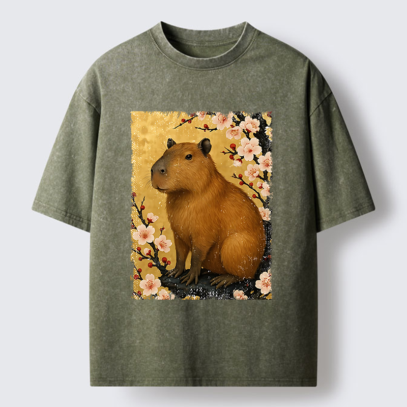 Tokyo-Tiger Capybara And Sakura Washed T-Shirt