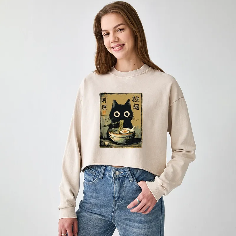 Tokyo-Tiger Cute Black Cat Eating Ramen Japan Washed Crop Sweatshirt