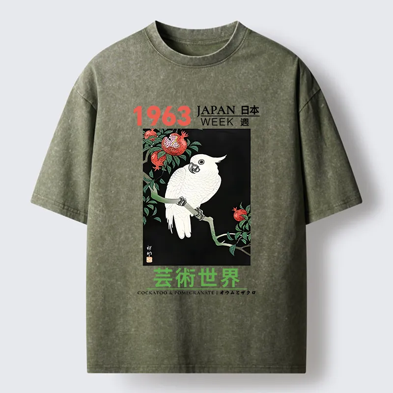 Tokyo-Tiger White Parrot Poster Washed T-Shirt