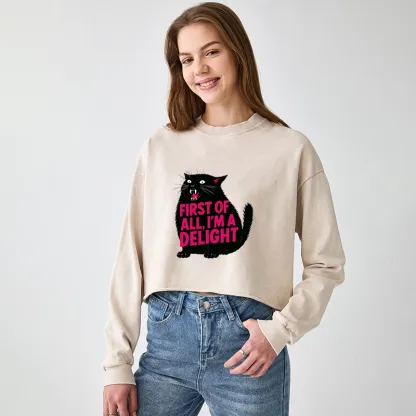 Tokyo-Tiger Roaring Black Cat Washed Crop Sweatshirt