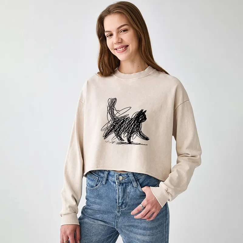 Tokyo-Tiger Minimalist Cat Art Washed Crop Sweatshirt