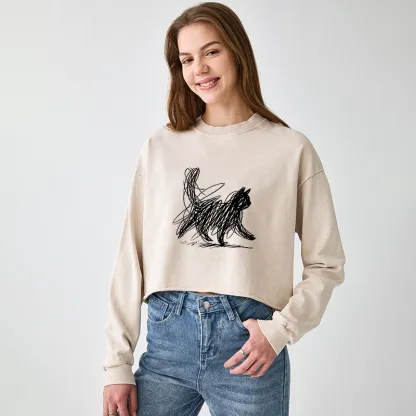 Tokyo-Tiger Minimalist Cat Art Washed Crop Sweatshirt