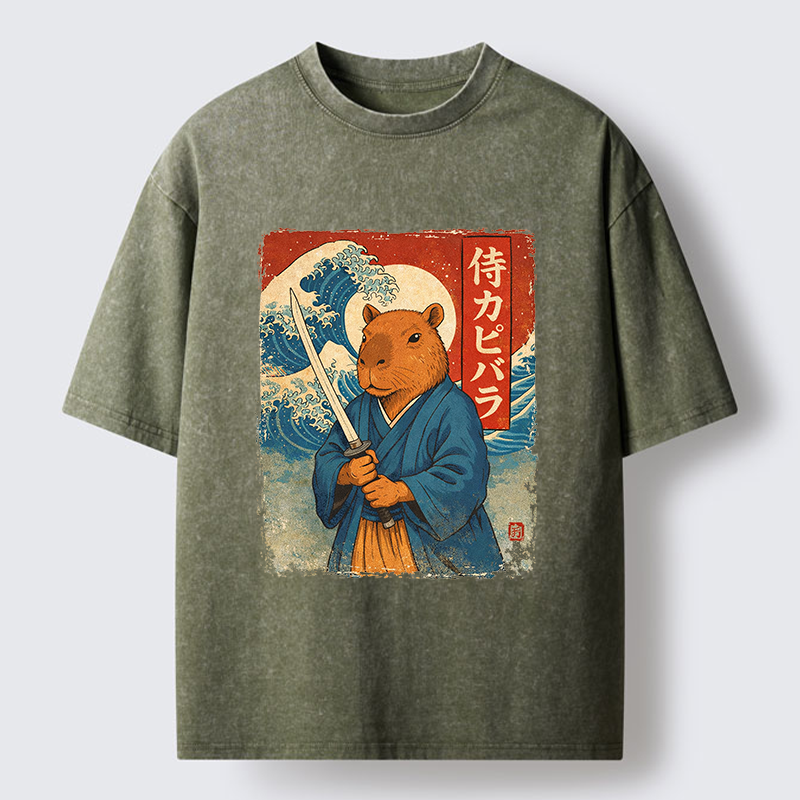Tokyo-Tiger Capybara Japanese Samurai And Wave Washed T-Shirt