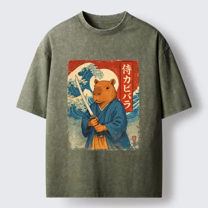 Tokyo-Tiger Capybara Japanese Samurai And Wave Washed T-Shirt