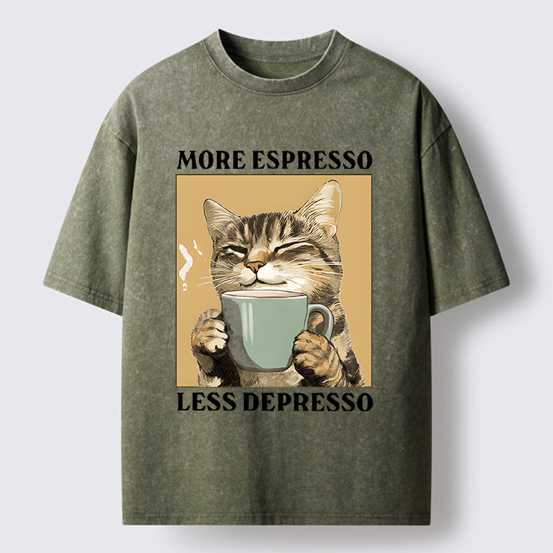 Tokyo-Tiger Cute Cat Drinking Coffee Washed T-Shirt