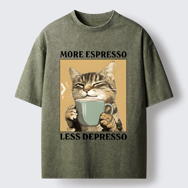 Tokyo-Tiger Cute Cat Drinking Coffee Washed T-Shirt