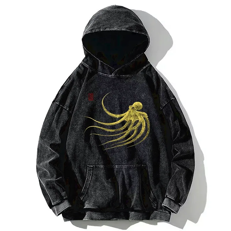 Tokyo-Tiger Retro Octopus Japanese Washed Hoodie Sale