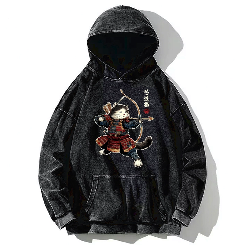 Tokyo-Tiger Kyudo Samurai Cat Washed Hoodie