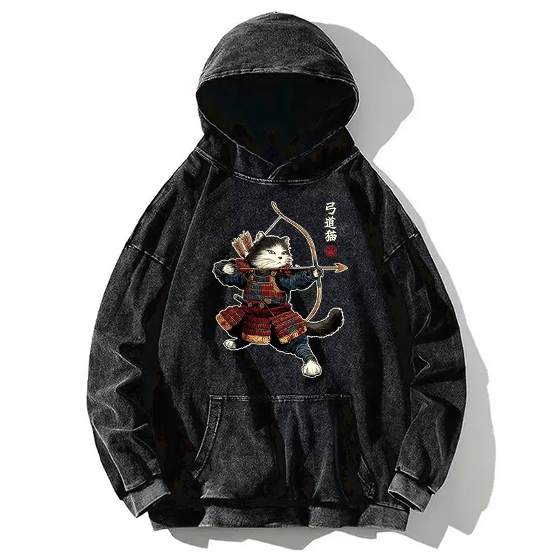 Tokyo-Tiger Kyudo Samurai Cat Washed Hoodie