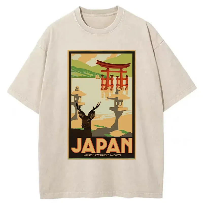 Tokyo-Tiger Japanese Deer And Scenery Washed T-Shirt