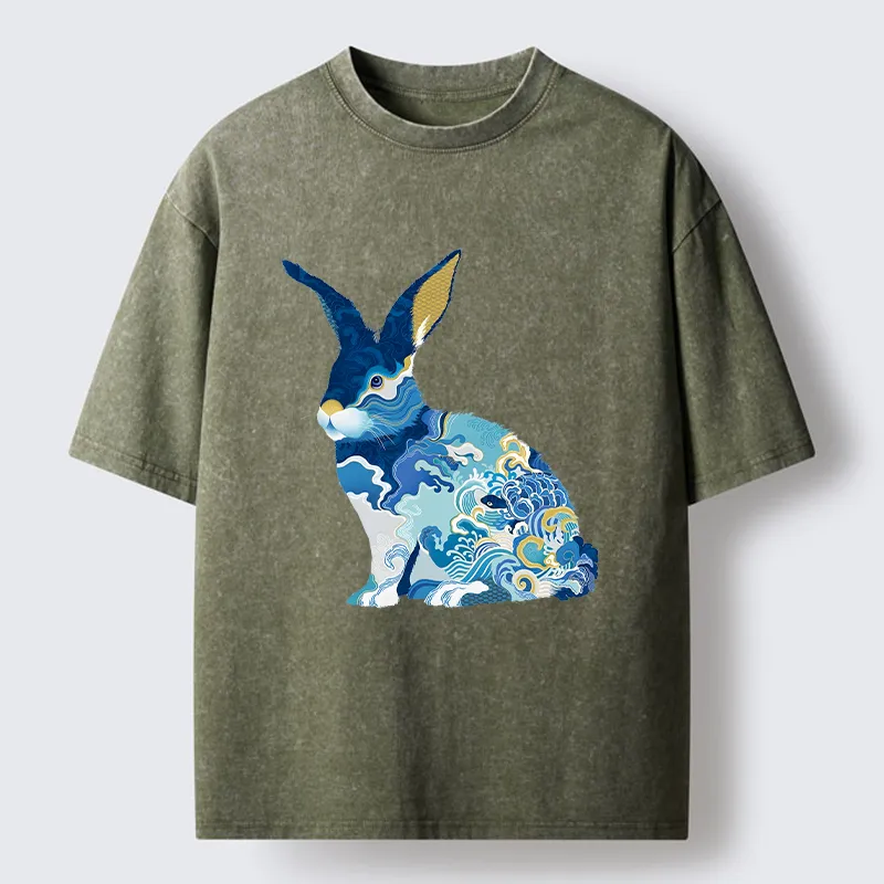 Tokyo-Tiger Japanese Traditional Patterned Rabbit Washed T-Shirt