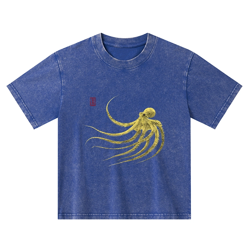 Tokyo-Tiger Retro Octopus Japanese Kids Washed T-Shirt