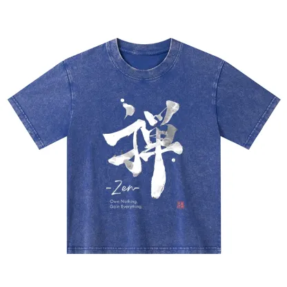 Tokyo-Tiger Zen Texts Kids Washed T-Shirt
